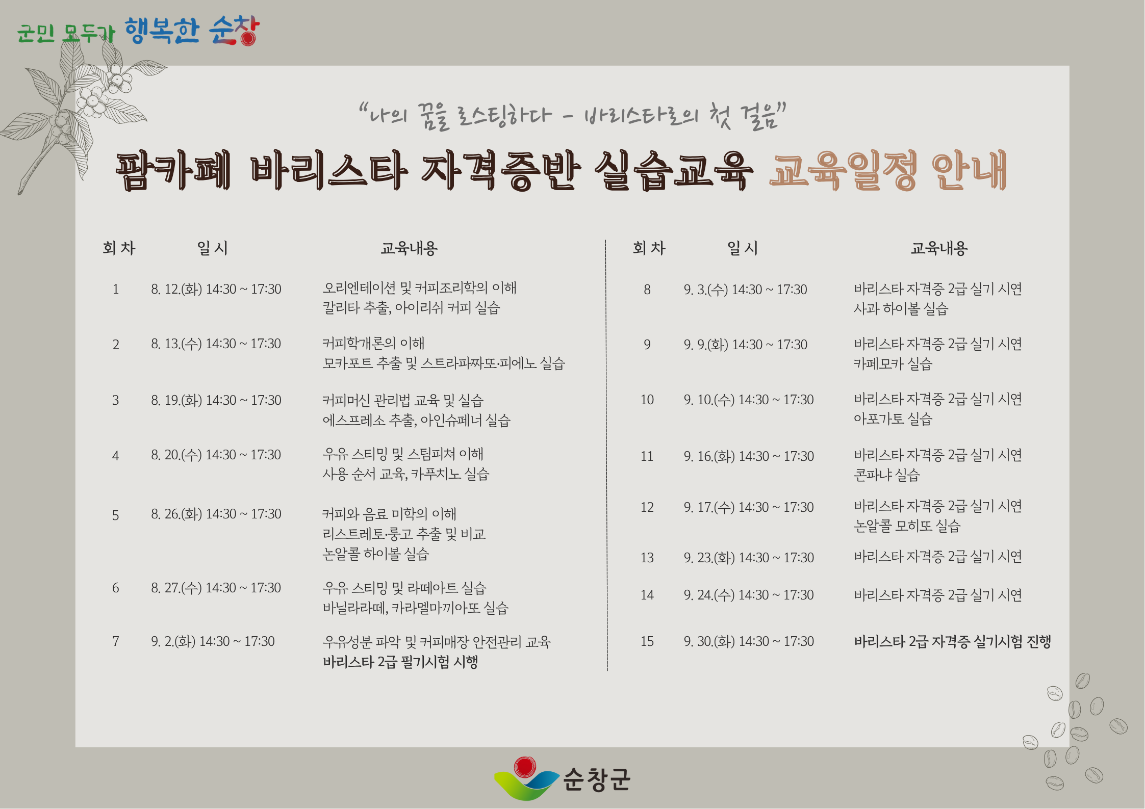 팜카페바리스타자격증반실습교육교육일정