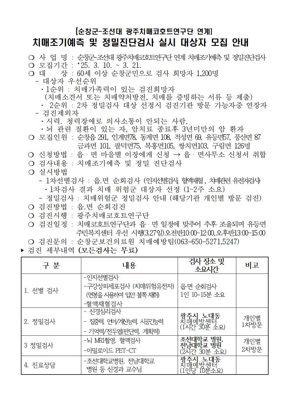 순창군-조선대광주치매코호트연구단연계치매조기예측및정밀진단검사실시대상자모집안내001