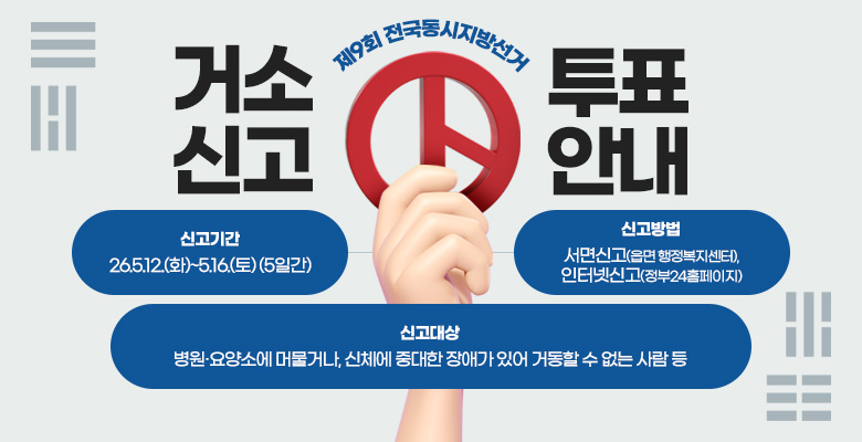제9회 전국동시지방선거 거소투표신고 안내
신고기간 : 26.5.12.(화)~5.16.(토) (5일간)
신고방법 : 서면신고(읍면 행정복지센터), 인터넷신고(정부24홈페이지)
신고대상 : 병원·요양소에 머물거나, 신체에 중대한 장애가 있어 거동할 수 없는 사람 등