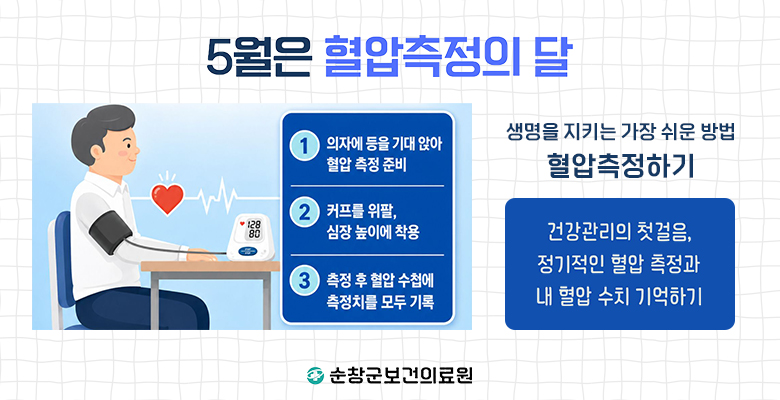 5월은 혈압측정의 달
생명을 지키는 가장 쉬운 방법 혈압측정하기
건강관리의 첫 걸음, 정기적인 혈압 측정과 내 혈압 수치 기억하기
1. 의자에 등을 기대 앉아 혈압 측정 준비
2. 커프를 위팔, 심장 높이에 착용
3. 측정 후 혈압 수첩에 측정치를 모두 기록
순창군보건의료원