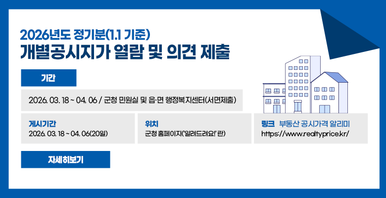 2026년도 정기분(1.1 기준) 개별공시지가 열람 및 의견 제출
기간 : 2026년 3월 18일 ~ 4월 6일 / 군청 민원실 및 읍·면 행정복지센터(서면제출)
게시기간 : 2026. 03. 18 ~ 04. 06(20일), 위치 : 군청 홈페이지(’알려드려요!’ 란), 링크(부동산 공시가격 알리미) : https://www.realtyprice.kr/
자세히보