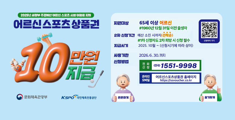 2025 새정부 추경예산 어르신 스포츠 시설 이용료 지원
어르신 스포츠 상품권 10만원 지급
지원대상
65세 이상 어르신
#1960년 12월 31일 이전 출생자
2차 신청기간
예산 소진 시까지 (선착순)
#1차 신청자도 2차 희망 시 신청 필수
지급시기
2025. 10월 ~ (신청시기에 따라 상이)
사용기한
2026. 6. 30. 까지
신청방법
전화 신청: (전국) 1551-9998
온라인 모바일 : 어르신스포츠상품권 홈페이지 https://ssvoucher.co.kr
튼튼하게 활기차게
문화체육관광부, KSPO 국민체육진흥공단
QR링크 : https://ssvoucher.co.kr
신청하러 가기