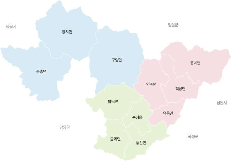 순창군 권역별 지도. 권역별 구분 하위 내용 참조 