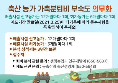 축산 농가 가축분퇴비 부숙도 의무화
배출시설 신고농가는 12개월마다 1회, 허가농가는 6개월마다 1회
계도기간 만료일(2021.3.25)이 다가옴에 따라 준수사항을 꼭 확인하여 주세요!
배출시설 신고농가 : 12개월마다 1회
배출시설 허가농가 : 6개월마다 1회
분석 성적서는 3년간 보관
접수처 :
퇴비 분석 관련 문의 : 생명농업과 연구개발계 (650-5637)
제도 관련 문의 : 농축산과 축산경영계 (650-5648)