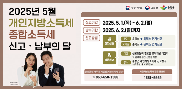 행정안전부/국세청/순창군
2025년 5월 개인지방소득세 종합소득세 신고 · 납부의 달

국세청 홍보대사 신혜선, 강하늘

신고기간
2025. 5. 1.(목) ~ 6. 2.(월)

납부기한
2025. 6. 2.(월)까지

신고방법
[전자신고]

PC: 홈택스 ➔ 위택스 연계신고

모바일: 손택스 ➔ 위택스 연계신고

[방문신고]

대상: 신고도움이 필요한 모두채움 대상자
※ 납세자 본인 신분증 지참

장소: 순창군 개인지방소득세 신고창구
(순창군청 1층 세정작업실)


순창군청 재무과 세일팀(지방소득세 담당)
☎ 063-650-1388

개인지방소득세 전담 콜센터
☎ 1661-6669