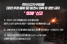 주민신고자 위험물(포탄 추정 물체 등) 발견시 접촉 및 운반 금지, '1338' 신고

 

1) 주민신고자, 위험물(포탄 추정 물체 등) 발견 시 임의 접촉 및 운반 → 원점훼손 및 폭발위험 노출

2) 상황 발생 시 112를 통해 경찰 접수 후 軍 부대 통보 → 초동조치 지연

3) 작전지역 주민신고자 중 대다수인 노인층 대상 전광판 및 포스터 홍보효과 저조