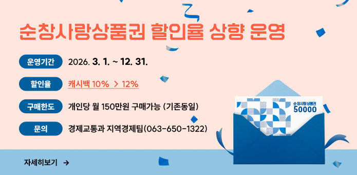 순창사랑상품권 할인율 상향 운영

  ▢ 운영기간 : 2026. 3. 1. ~ 12. 31. 

  ▢ 할 인 율 : 캐시백 10% → 12%

  ▢ 구매한도 : 개인당 월 150만원 구매가능 (기존동일)

  ▢ 문    의 : 경제교통과 지역경제팀(063-650-1322)
자세히보기